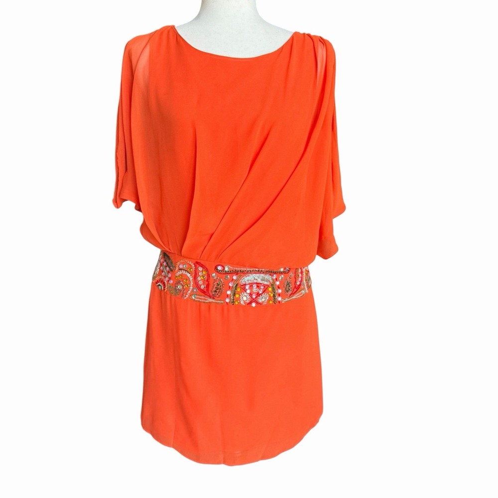 Orange 100% Silk Embellished Waist Dress M •Draped Flutter Sleeve Luxe Vacation